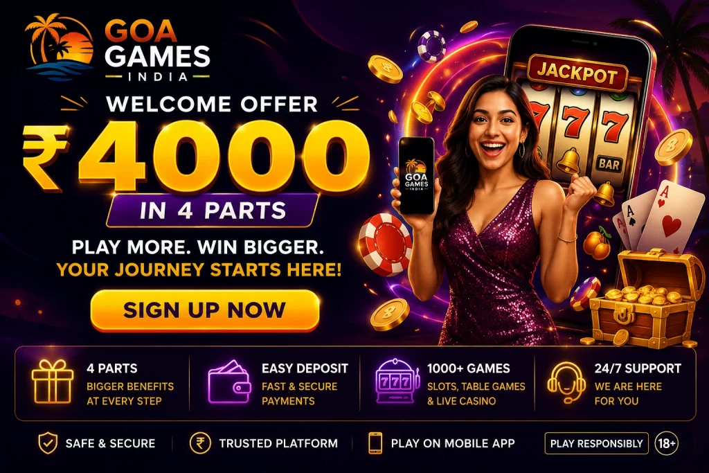 Goa Games India Welcome Offer banner featuring premium casino-style graphics, mobile gaming, bonus rewards, slot entertainment, gold coins, and new player promotion for Indian users.